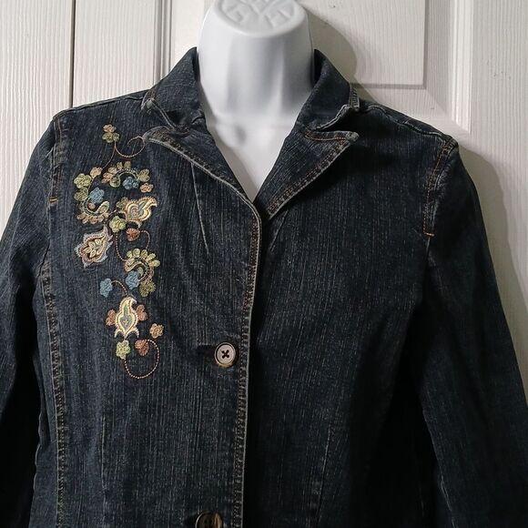 Casual Corner Annex Petite Stretch Denim floral embroidered jean jacket Sz M - Picture 3 of 6